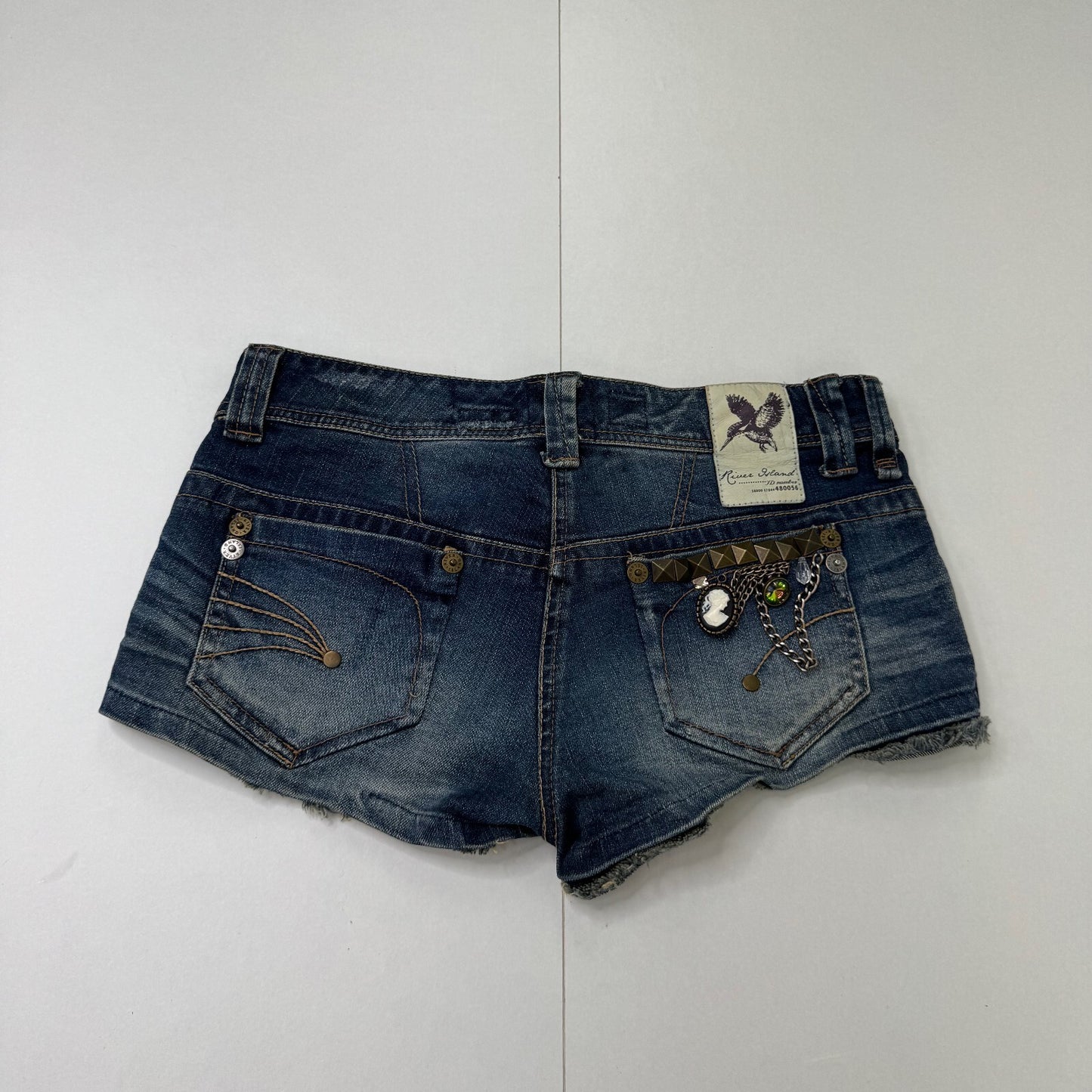 Vintage denim mini shorts super low rise stud embellished lace chain stretchy
