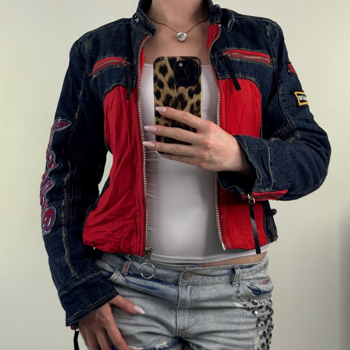 Y2K vintage denim jacket biker motorcycle moto zip up short patches high neck