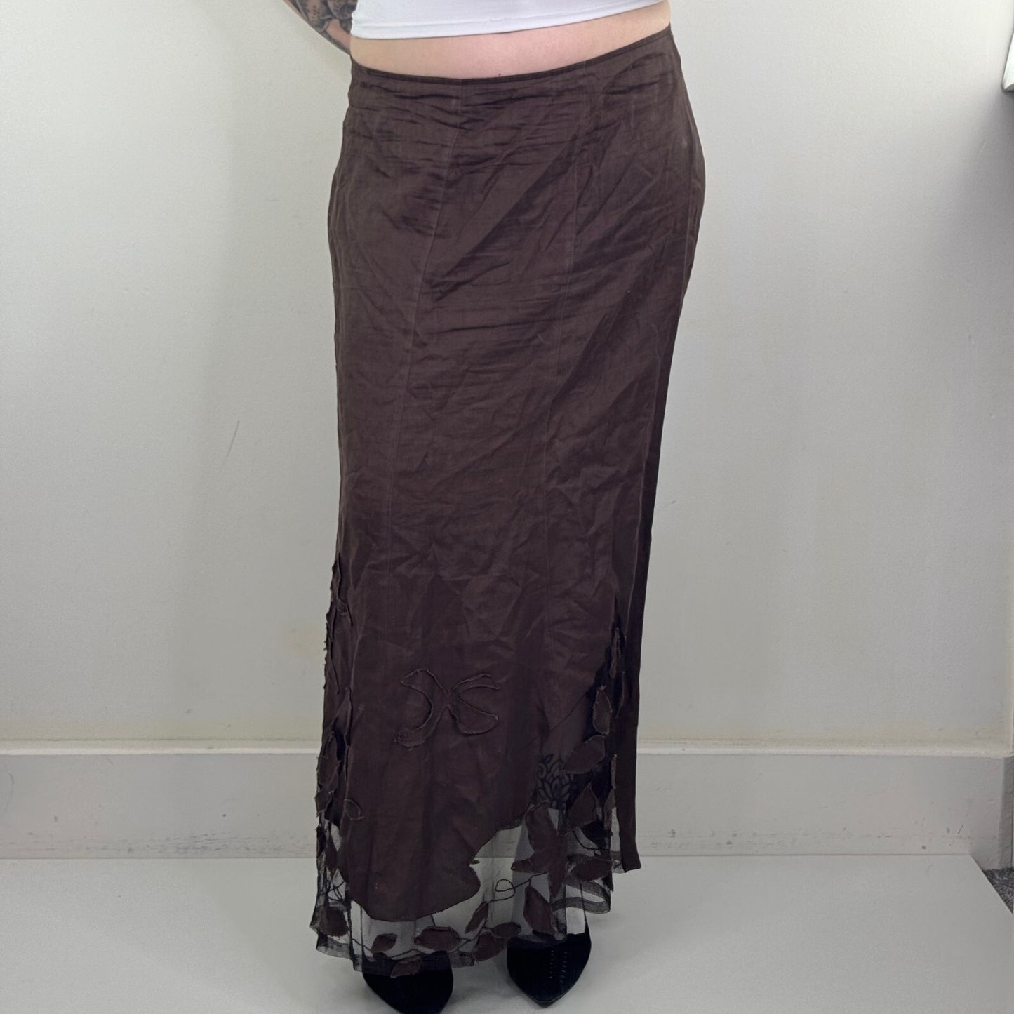 Y2K vintage Per Una maxi skirt 100% linen boho leaf sheer mesh brown a line