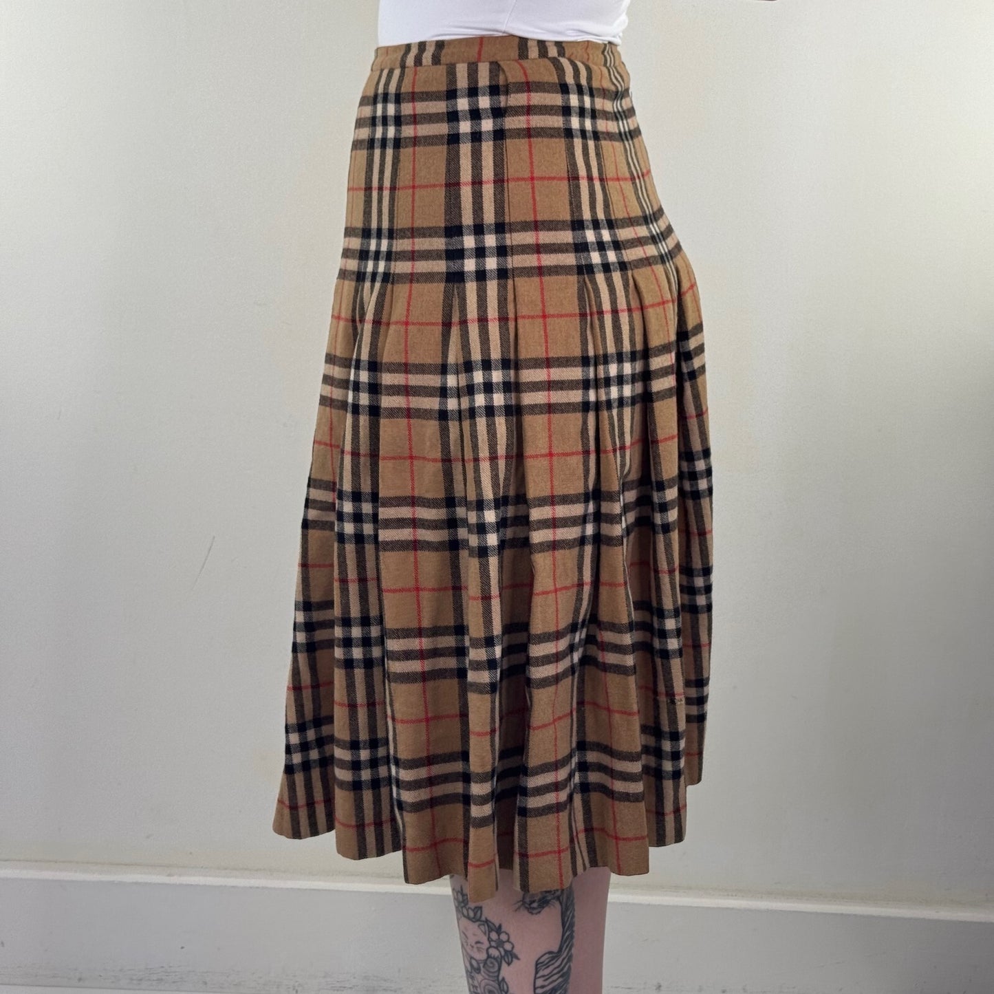 Y2K vintage midi skirt nova check print wool knit pleated a line beige