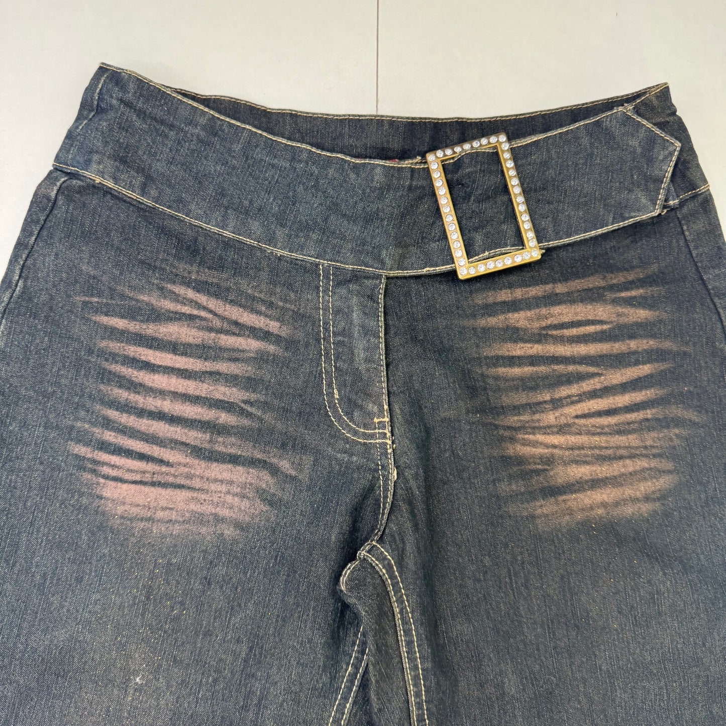 Y2K vintage bootcut denim jeans sparkly stretchy rhinestone belt glitter