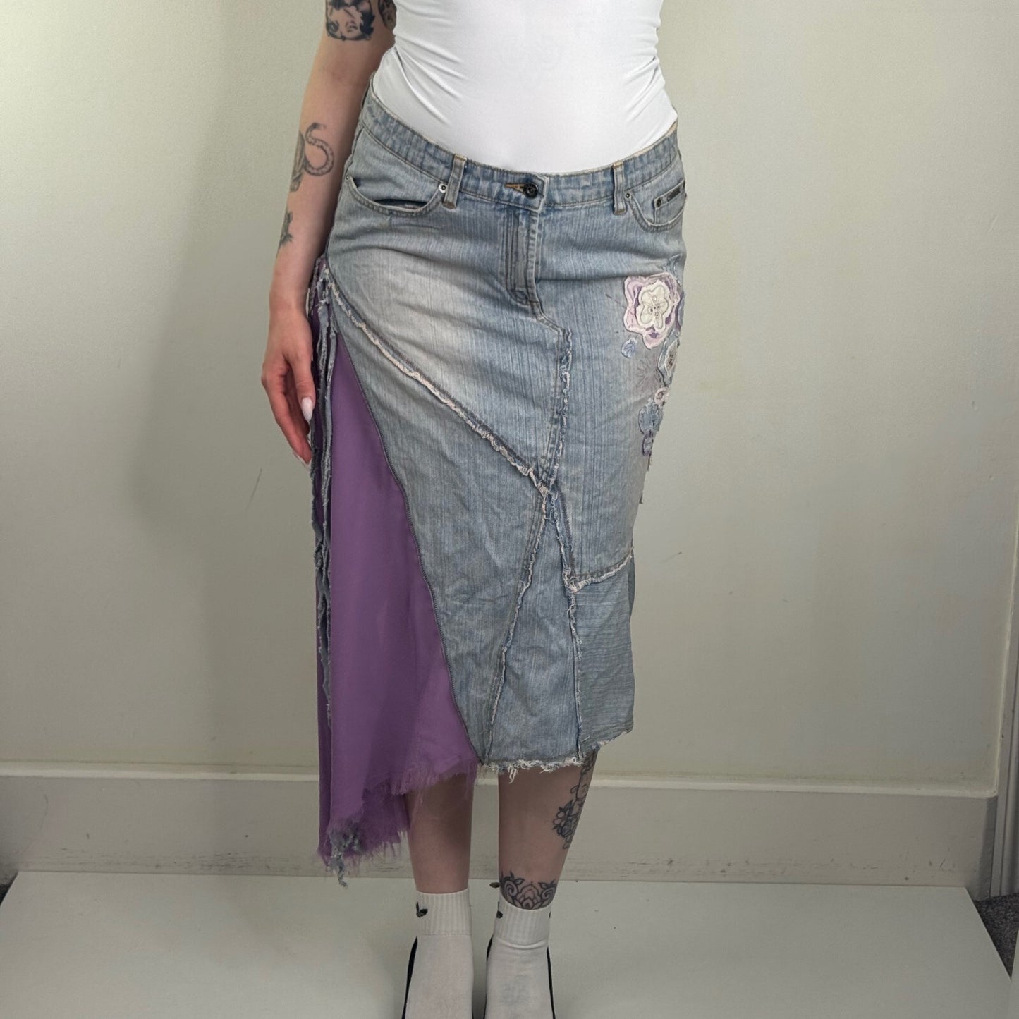 Y2K vintage denim midi skirt asymmetrical floral fairy boho embroidered a line