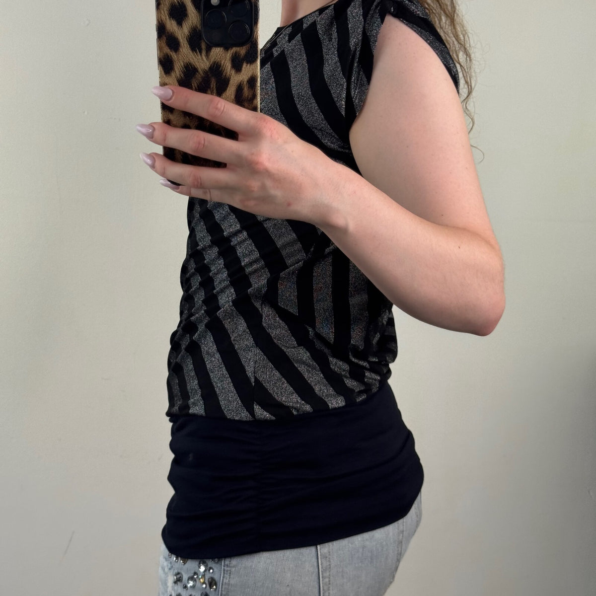 Y2K vintages stripe t-shirt short sleeve top slouchy straight neck sparkly
