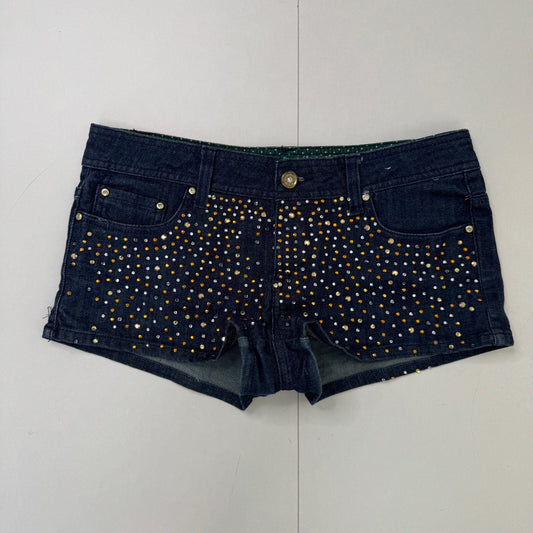 Y2K vintage low rise denim mini shorts rhinestone dark denim