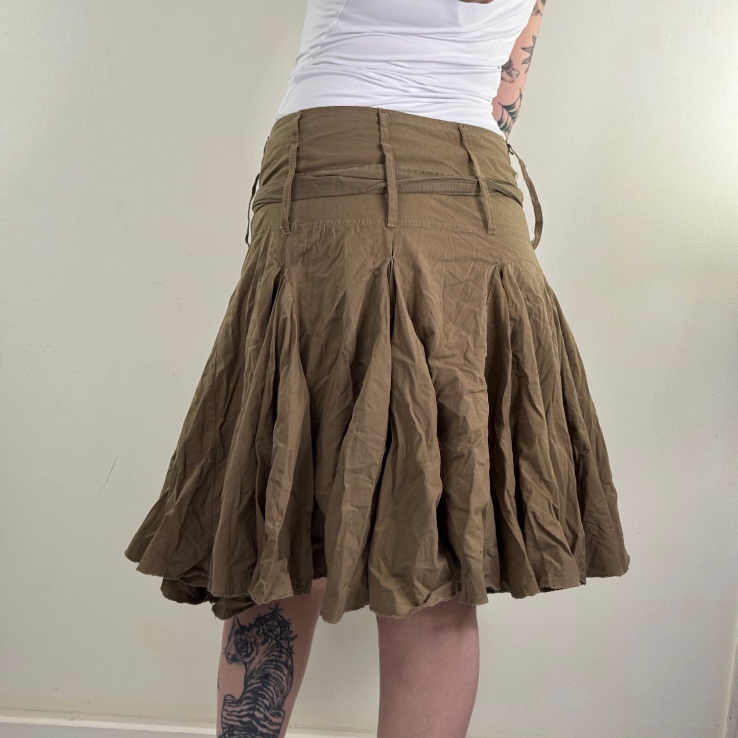 Y2K vintage midi skirt a line ruffle khaki gathered adjustable bow knee length