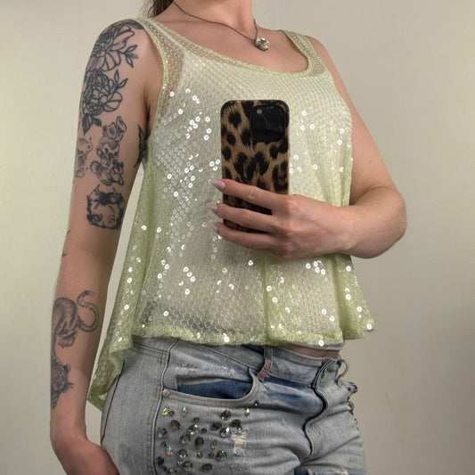 Y2K vintage tank top sequin embellished sheer light green asymmetrical