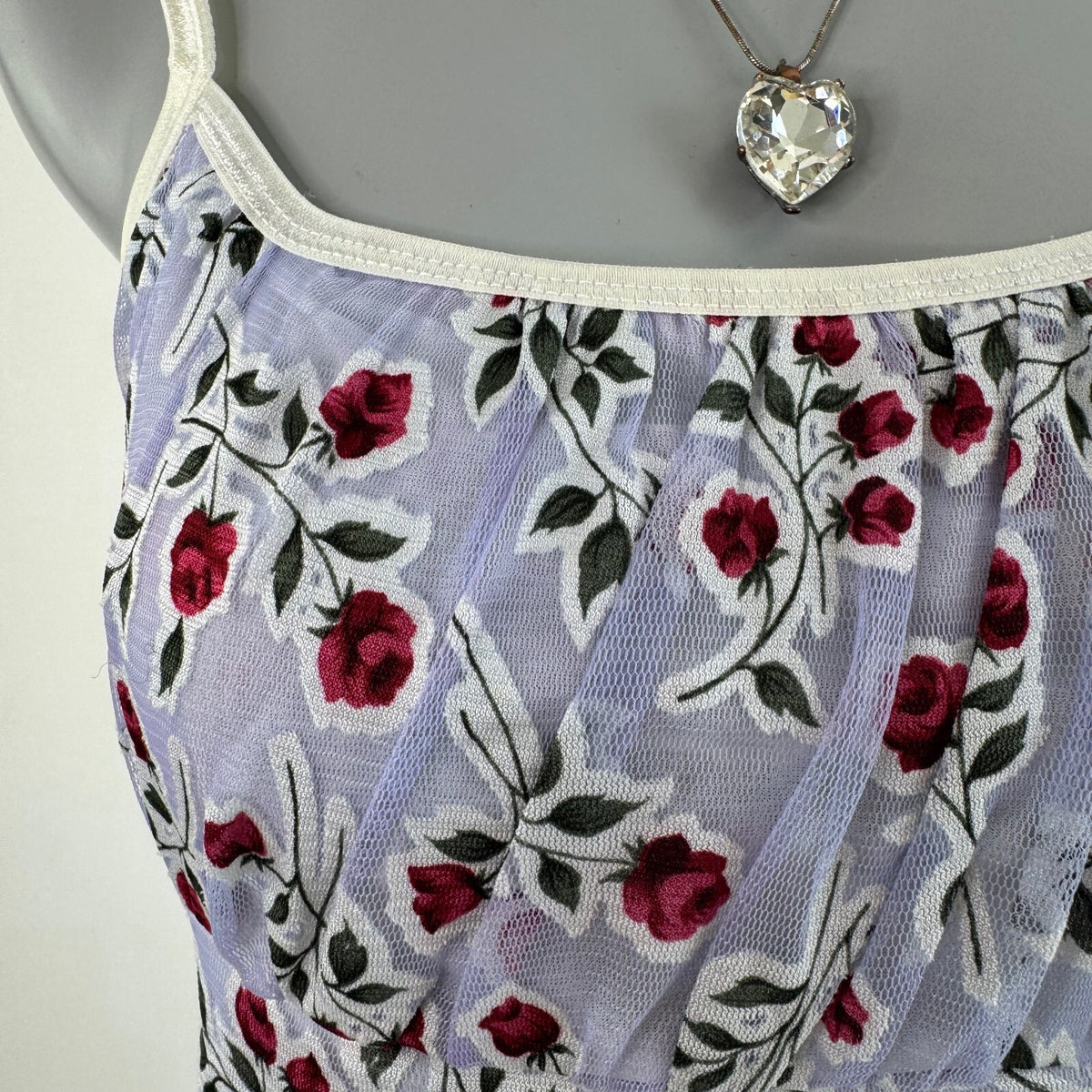 Y2K vintage mini dress floral rose pattern mesh overlay ruched bust stretchy