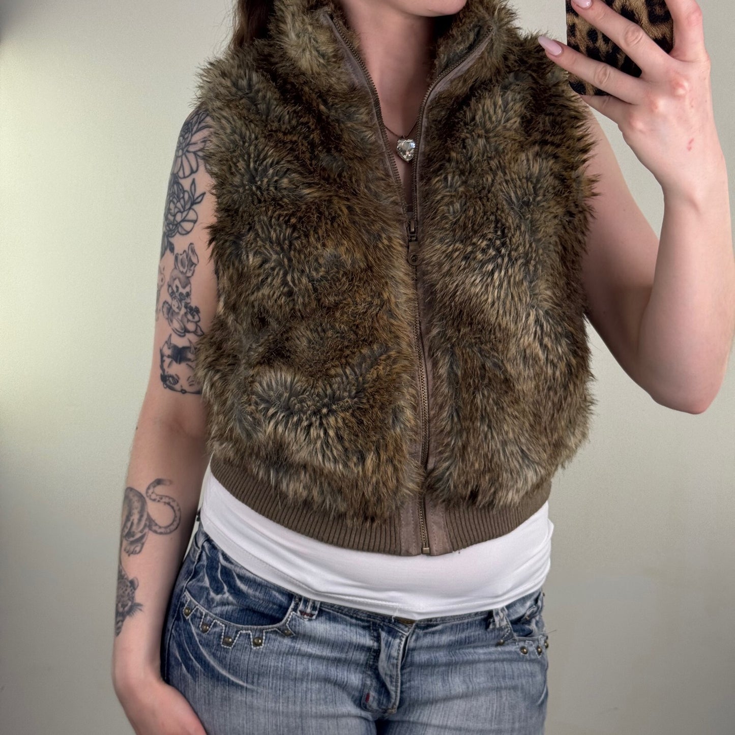 Y2K vintage faux fur gilet short bodywarmer zip up high neck suede trim brown