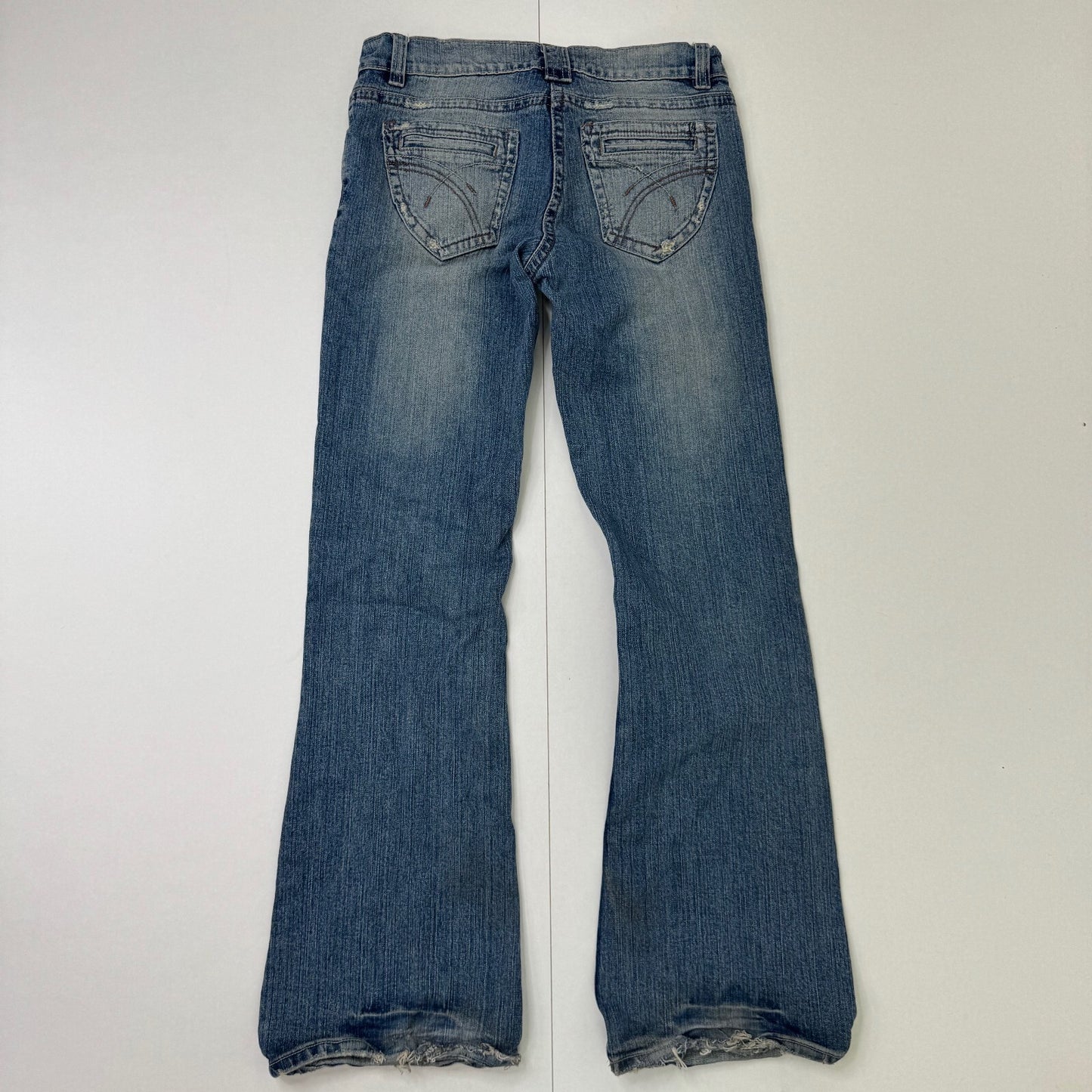 Y2K vintage bootcut denim jeans stretchy faded mid blue distressed