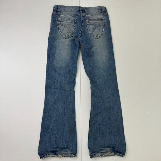 Y2K vintage bootcut denim jeans stretchy faded mid blue distressed