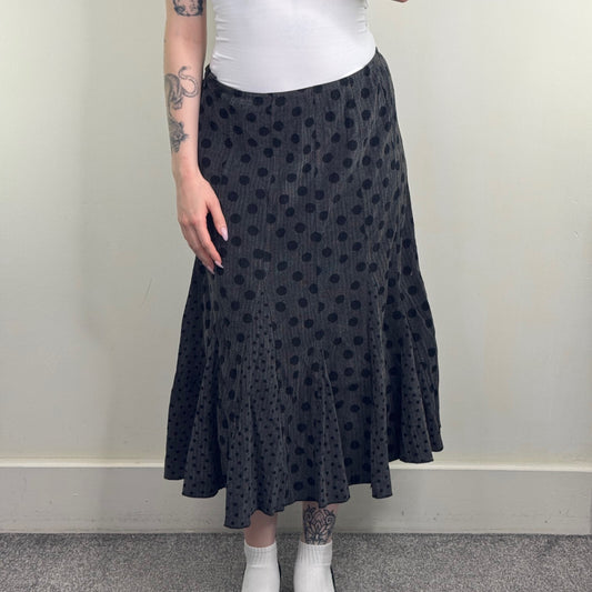 Y2K vintage Per Una maxi skirt polka dot cotton a line gathered grey black