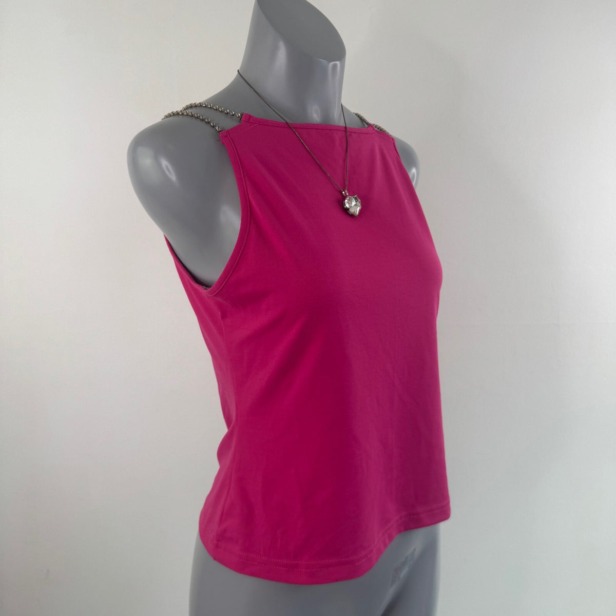 Y2K vintage tank top slinky rhinestone high neck fitted hot pink