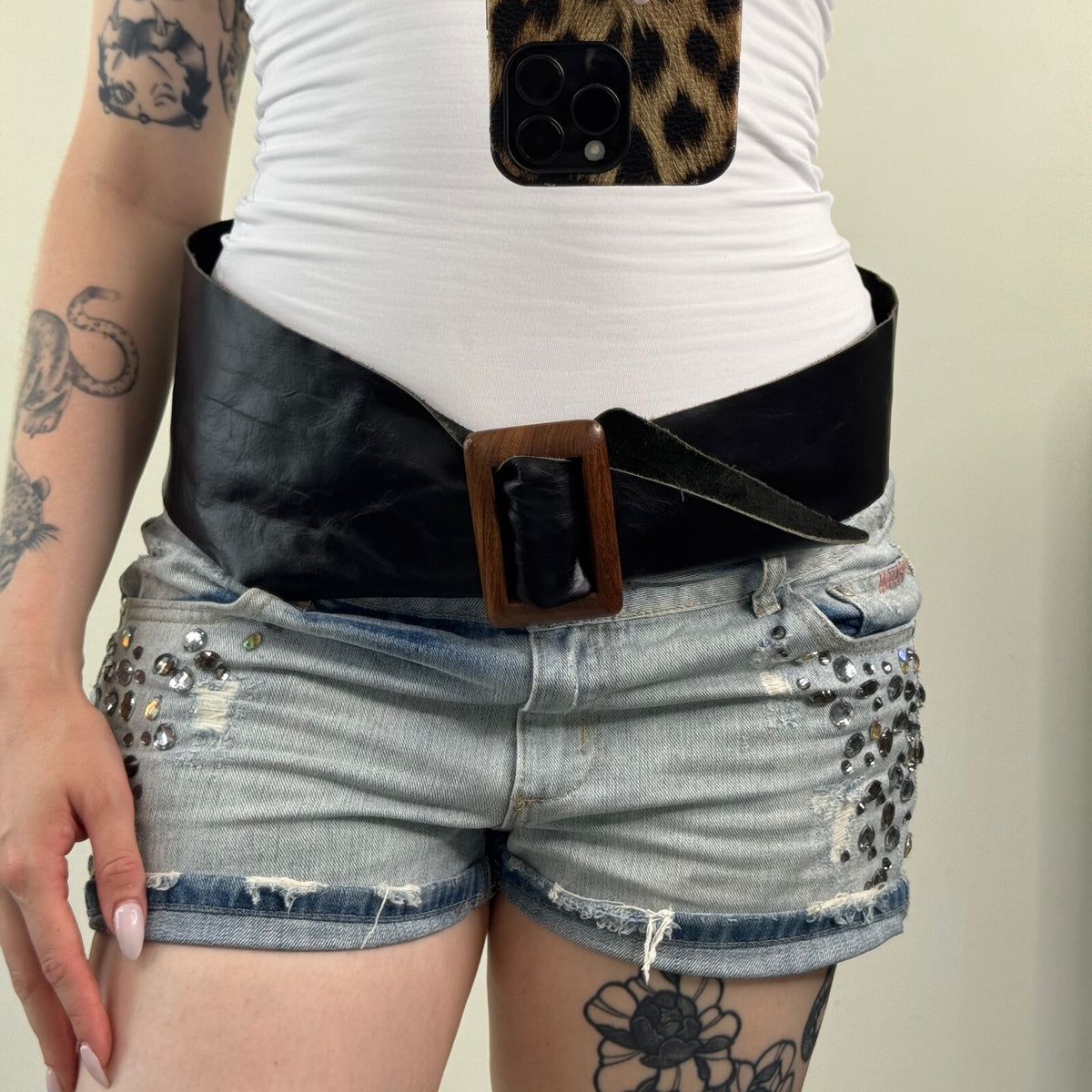 Y2K vintage genuine leather belt chunky oversized rectangle buckle