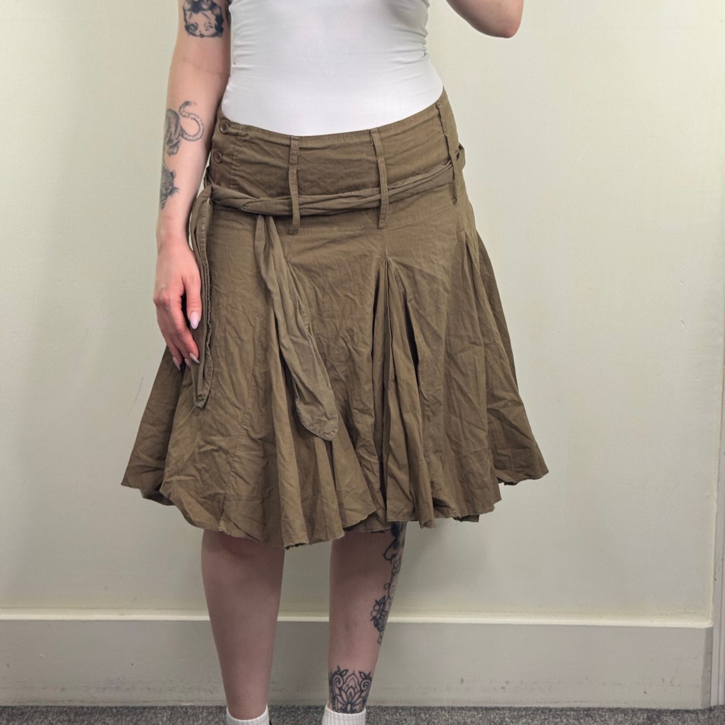 Y2K vintage midi skirt a line ruffle gathered adjustable bow knee length