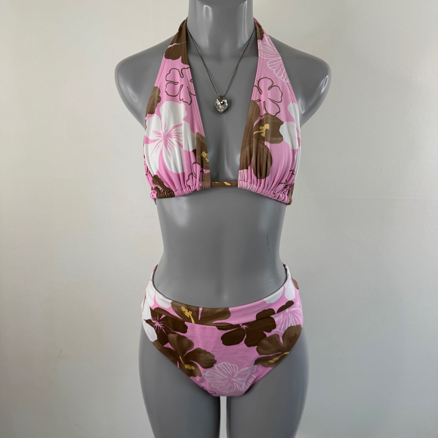 Y2K vintage bikini set matching floral halter neck tie hibiscus
