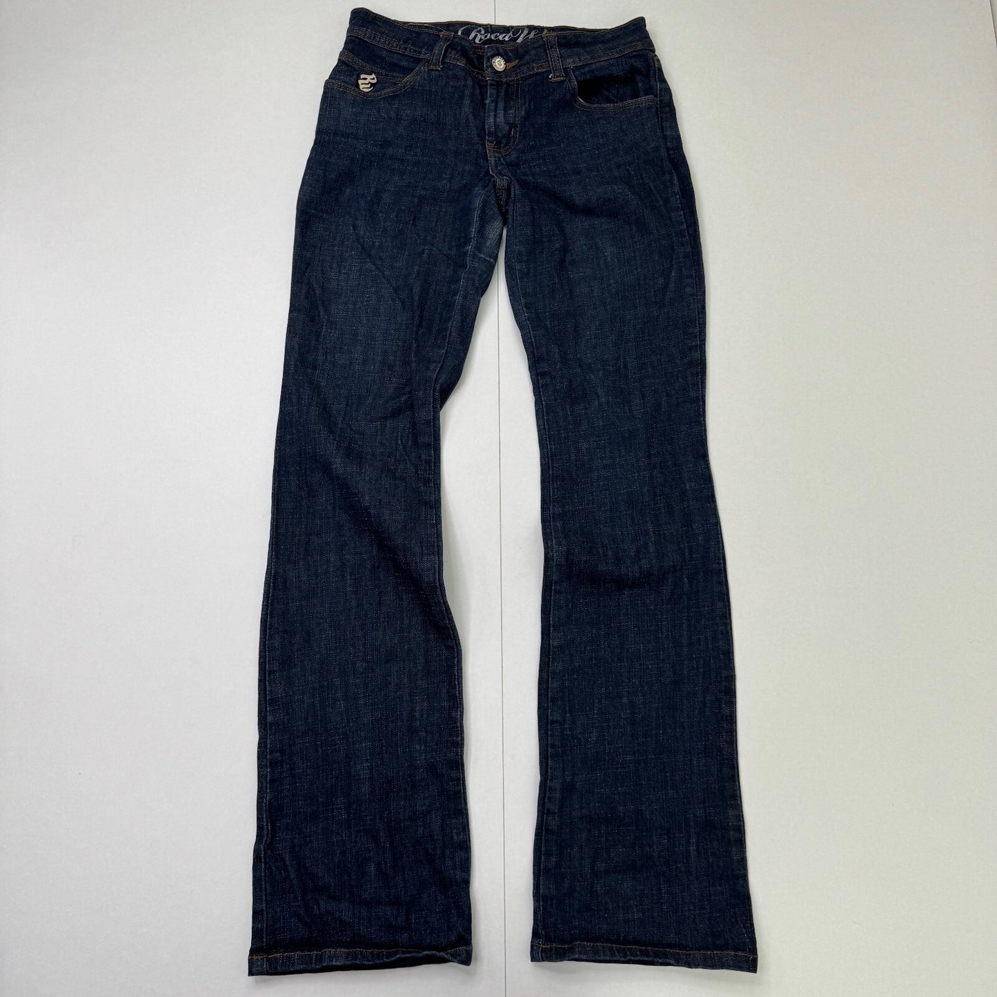 Y2K vintage Rocawear low rise bootcut denim jeans dark denim wash embroidered