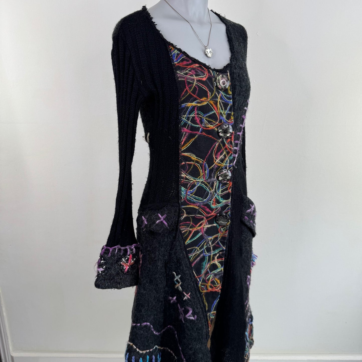 Y2K vintage mohair wool cardigan blend abstract pattern floral long scoop neck