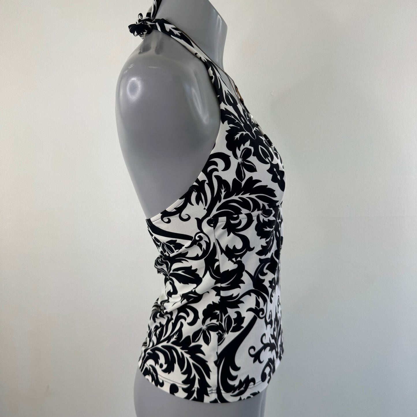 Vintage tankini top filigree black white halter neck tie bow v neck