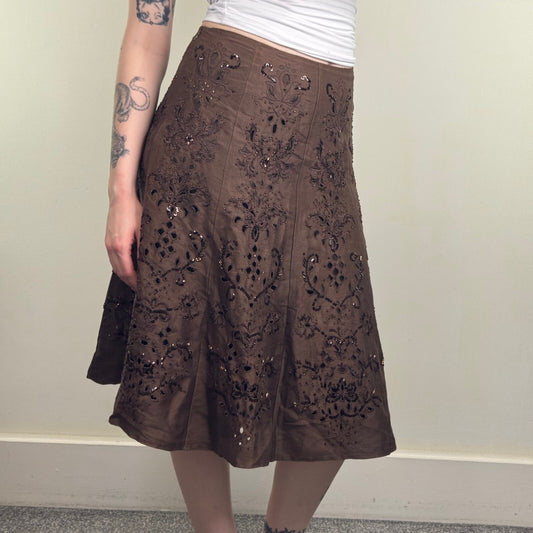 Y2K vintage midi skirt linen silk blend a line beaded floral embroidered sequin
