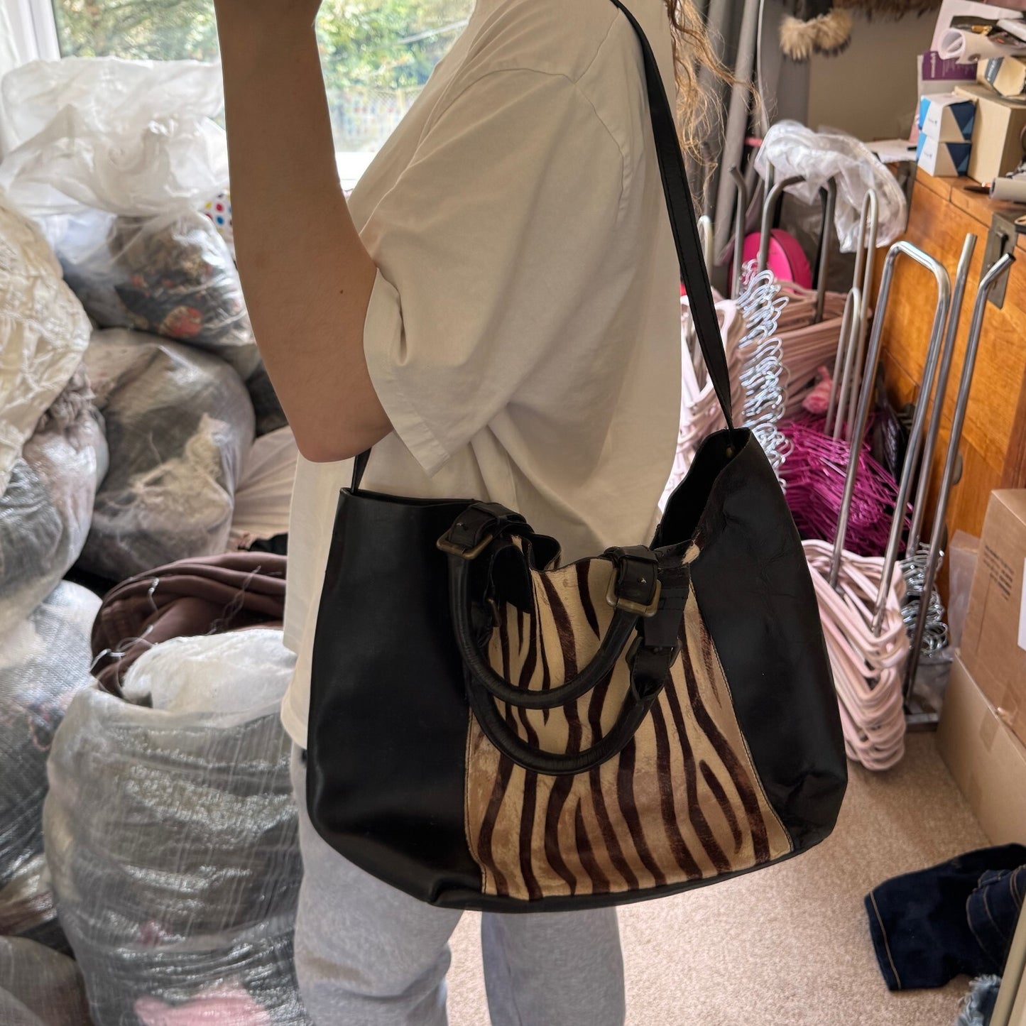 Y2K vintage pony hair large handbag with strap zebra genuine leather