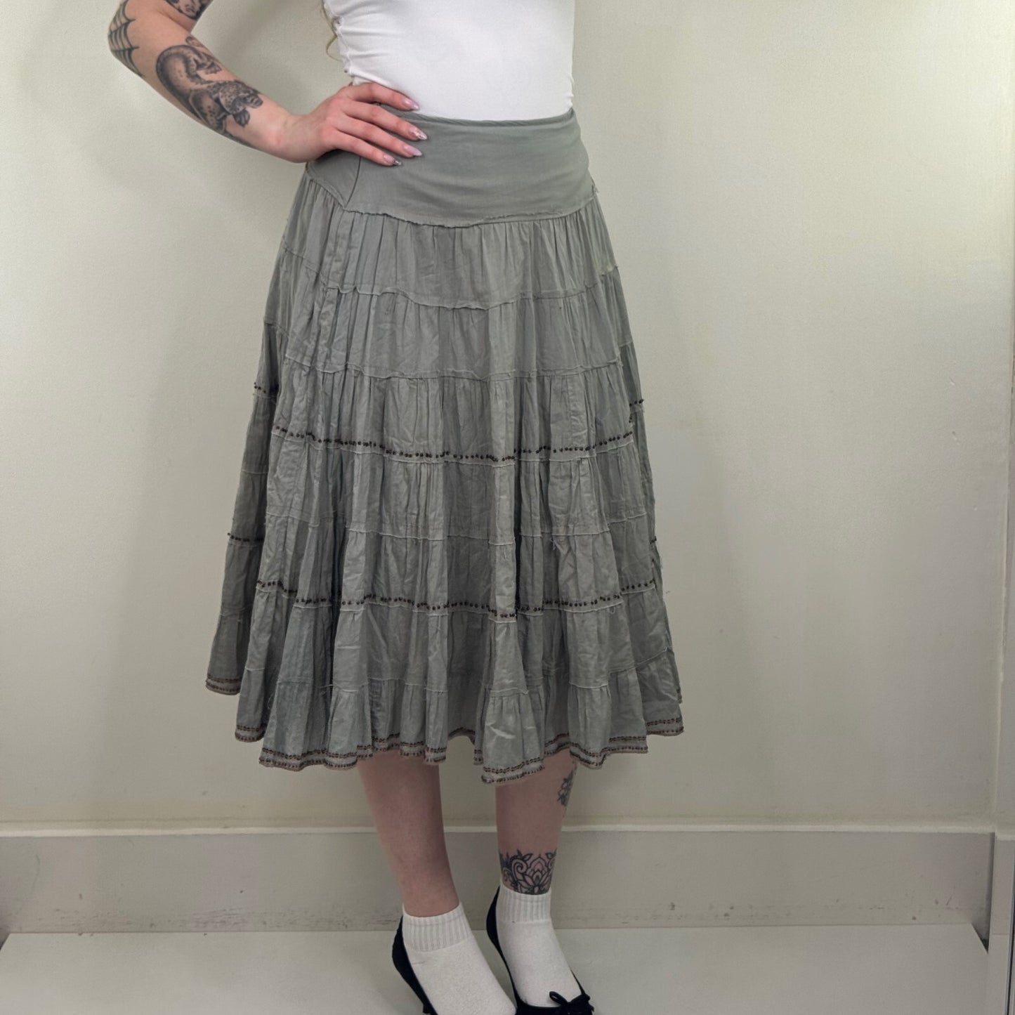 Y2K vintage maxi skirt tiered beaded a line boho summer fraying hem summer