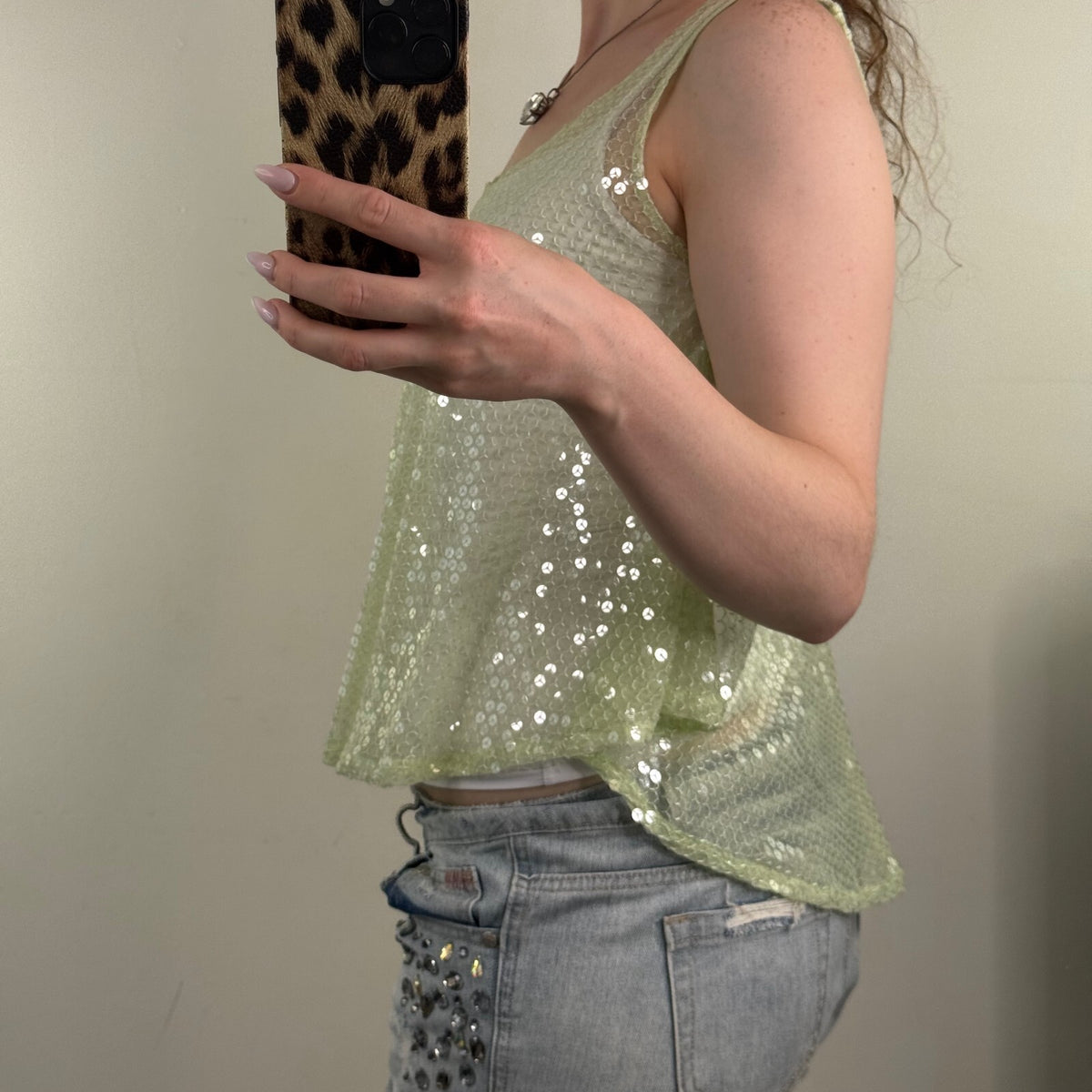Y2K vintage tank top sequin embellished sheer light green asymmetrical