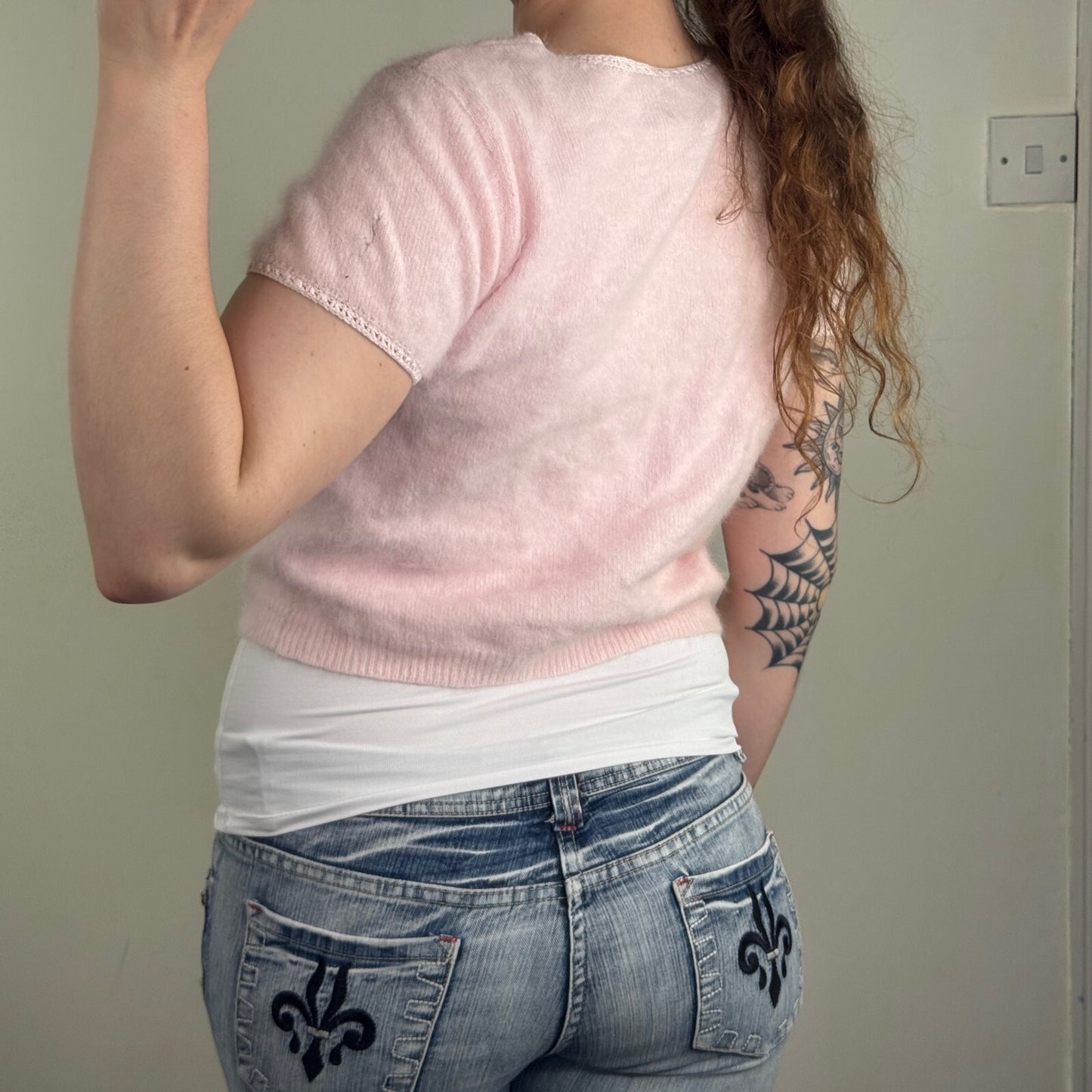 Y2K vintage angora blend short sleeve top button up crop baby pink knit