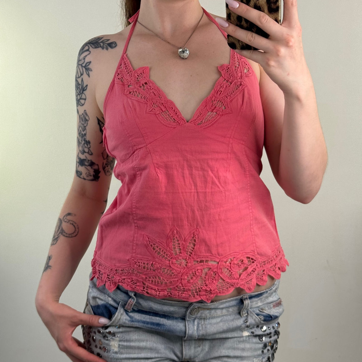 Y2K vintage Kookai halter neck top floral pink v neck bow cut out cotton summer