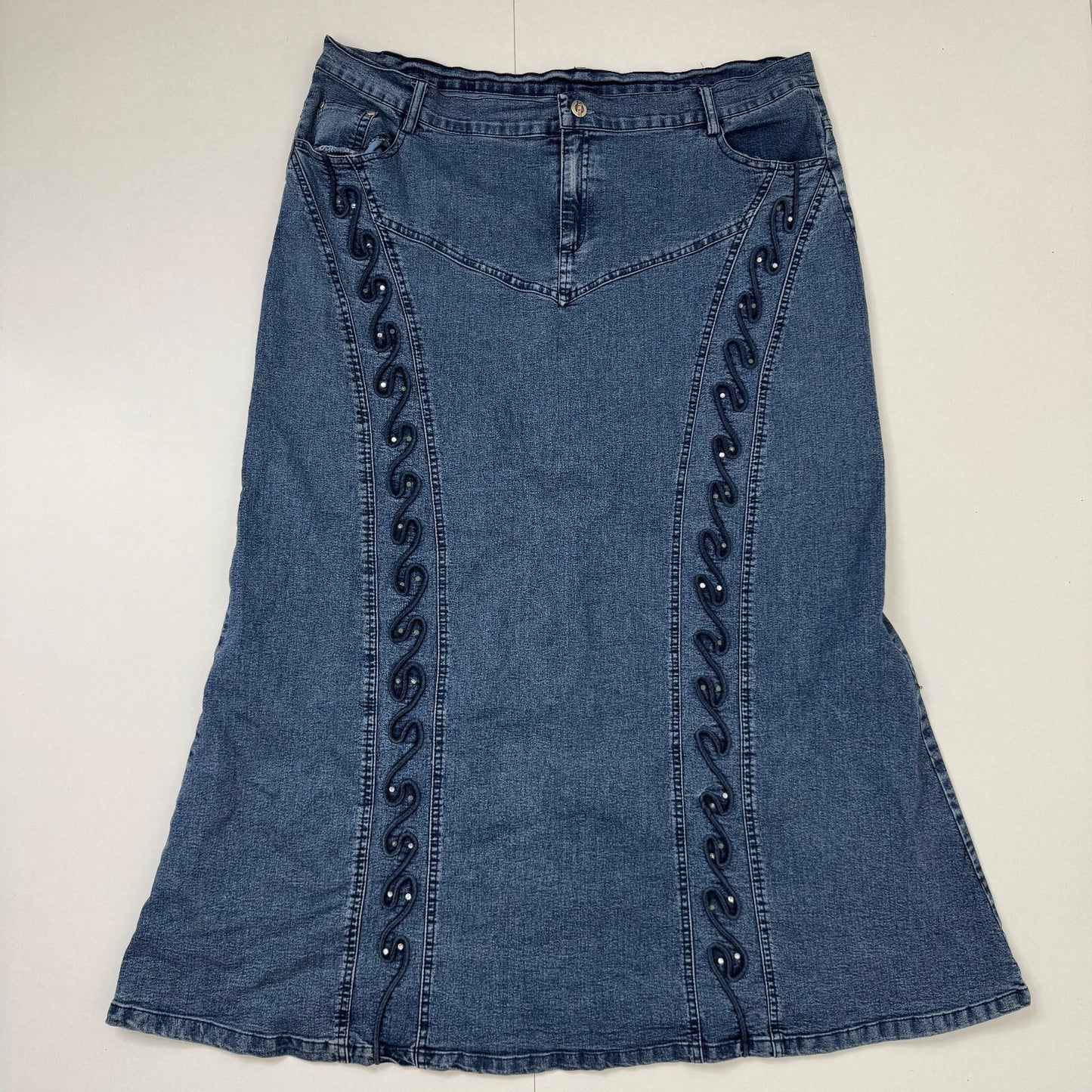 Y2K vintage maxi skirt denim rhinestones stretchy a line embroidered pattern