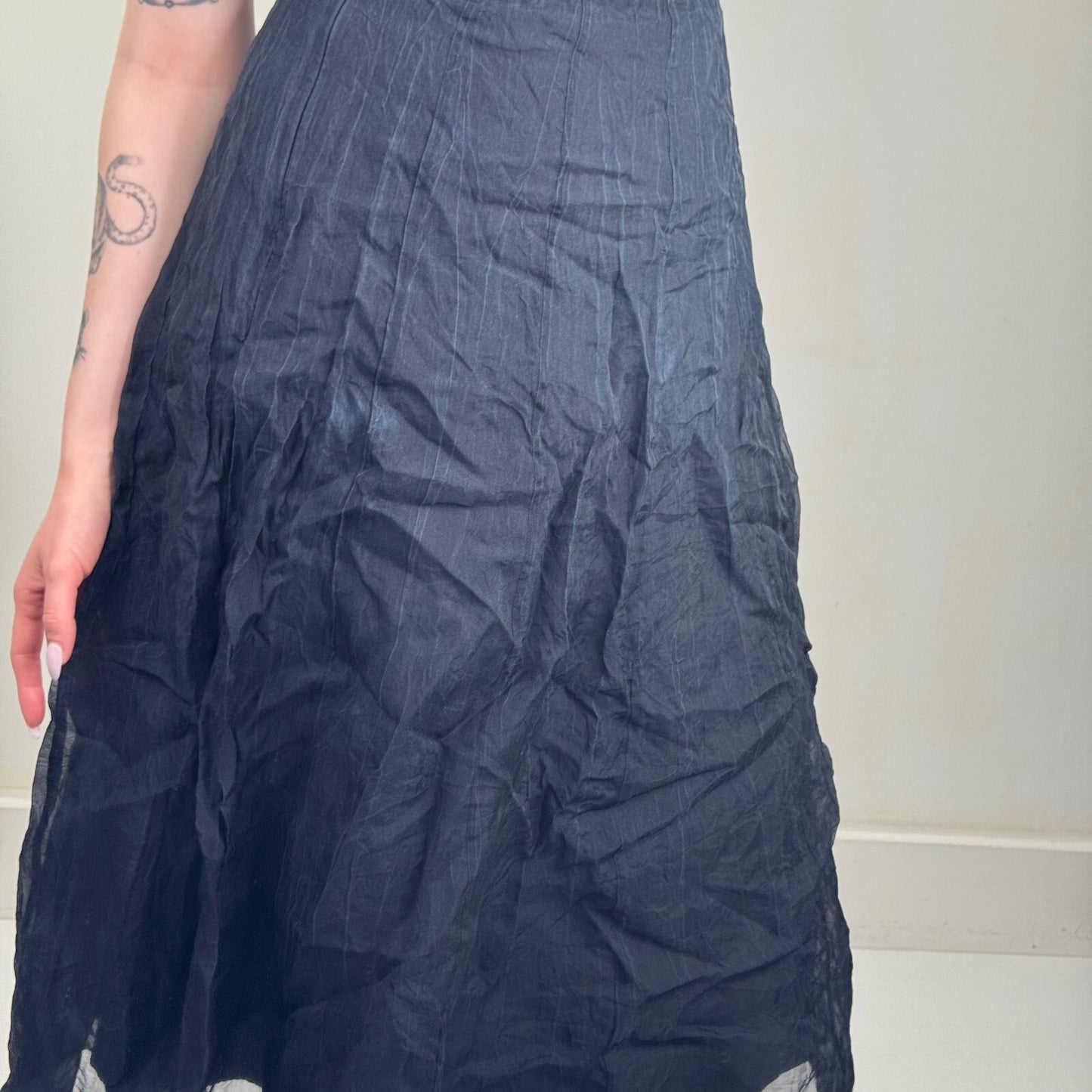 Y2K vintage 100% silk maxi skirt a line double layer black crinkle