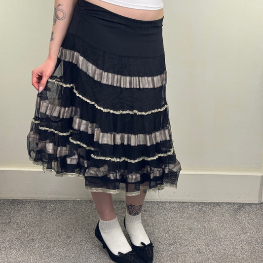 Y2K vintage maxi skirt tutu mesh frilly ruffle lace stretchy coquette