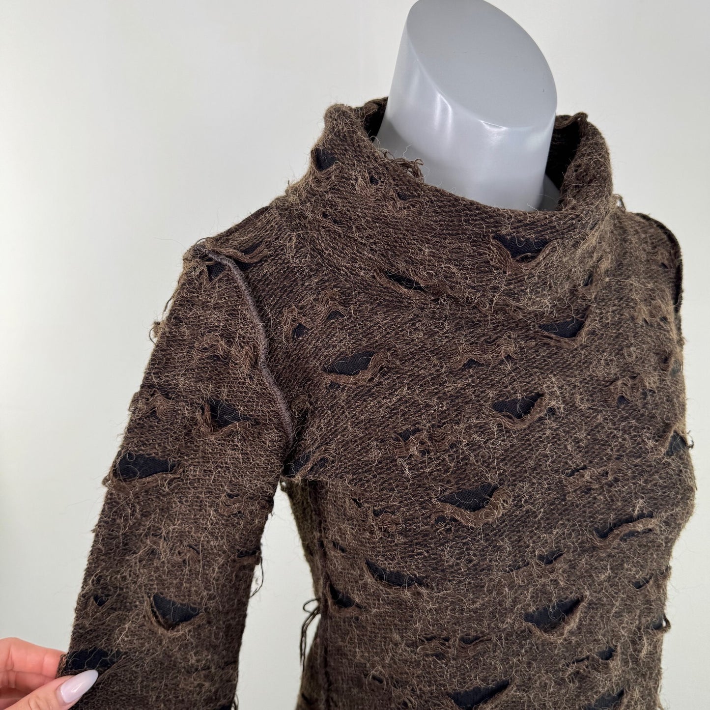 Y2K vintage wool blend jumper asymmetrical roll neck flare sleeve distressed