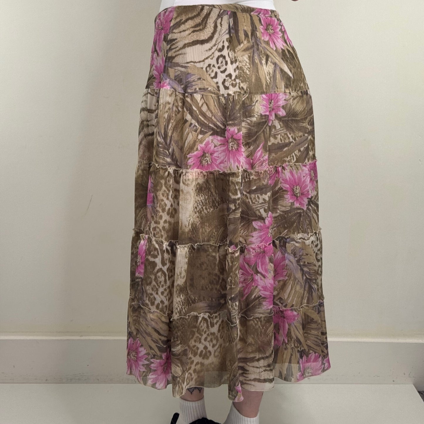 Y2K vintage maxi skirt a line lined floral leopard print tiered boho summer