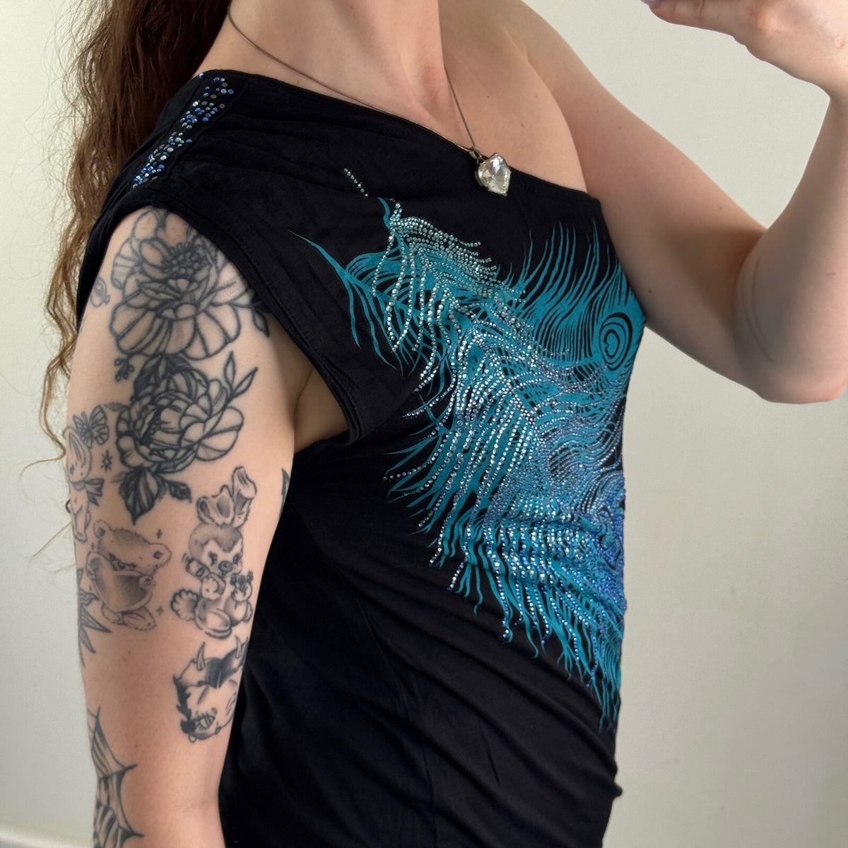 Y2K vintage Jane Norman top one shoulder short sleeve peacock feather rhinestone
