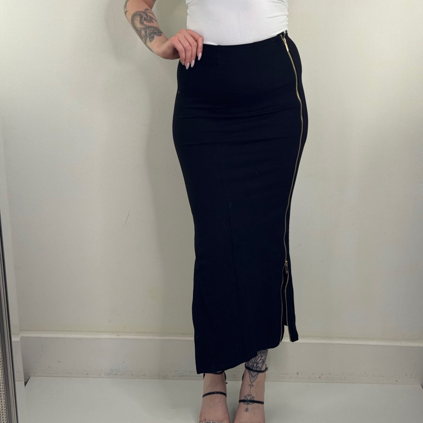 Karen Millen maxi skirt fitted bodycon full zip up black