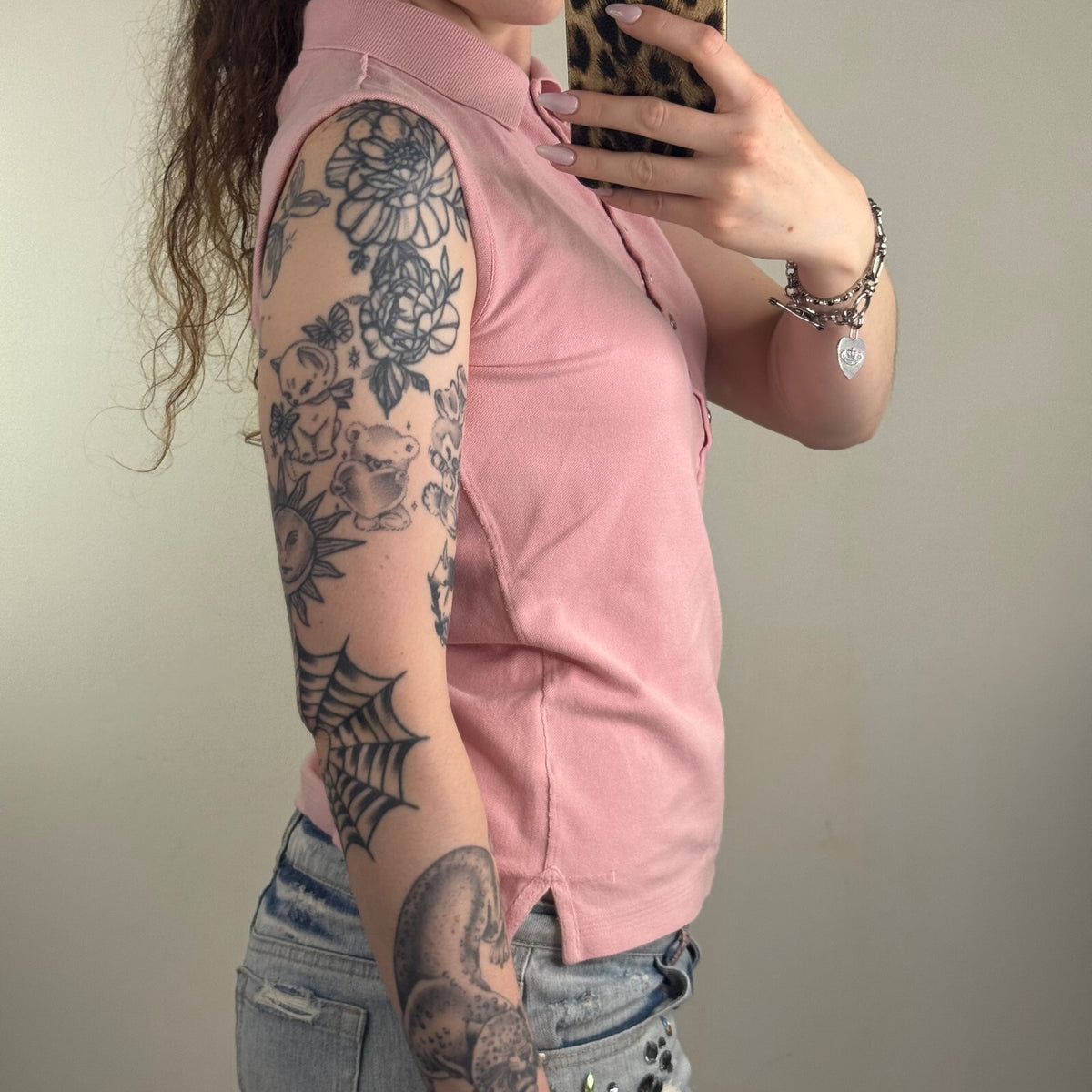 Y2K vintage Timberland polo top henley sleeveless tank collar pale pink