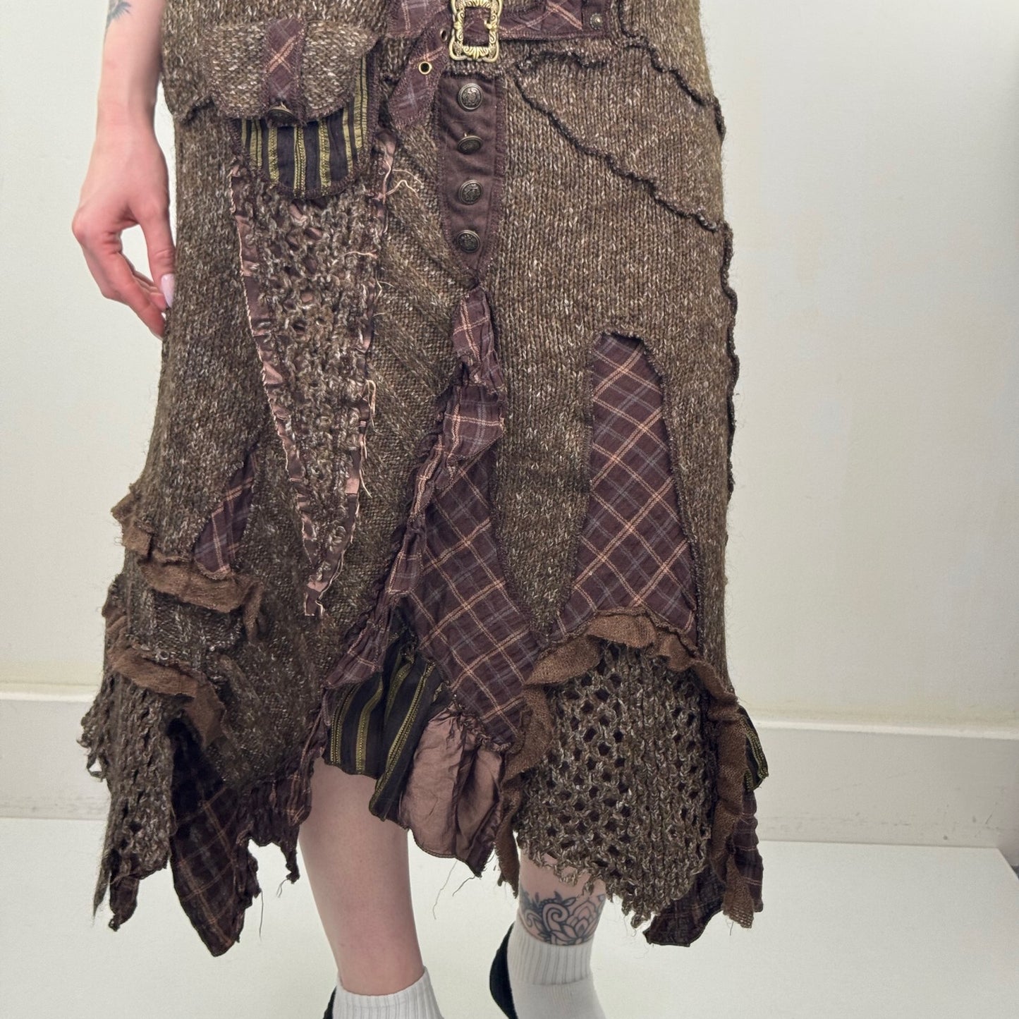 Y2K vintage Juju & Christine maxi skirt knit patchwork buckle boho asymmetrical