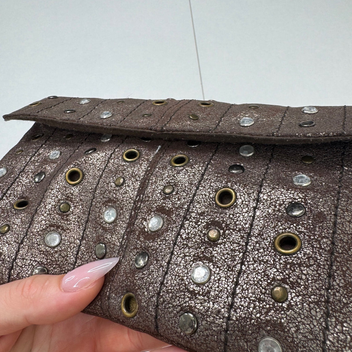 Vintage Y2K clutch mini small evening bag studs rhinestones metallic distressed