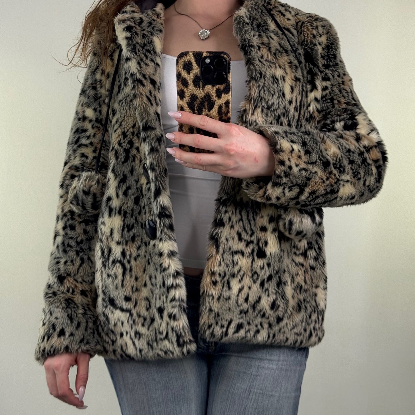 Y2K vintage faux fur jacket leopard print with hood pom poms button up