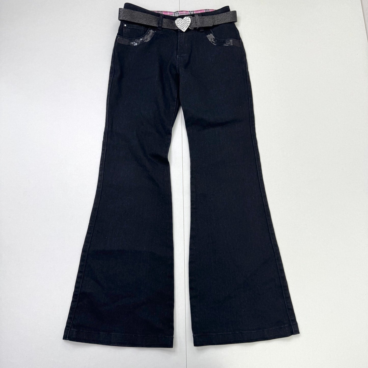 Y2K vintage low rise bootcut denim jeans sequin heart belt rhinestone flare