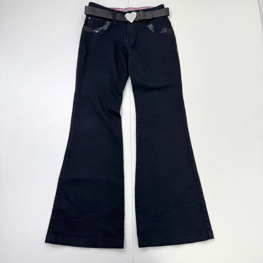 Y2K vintage low rise bootcut denim jeans sequin heart belt rhinestone flare