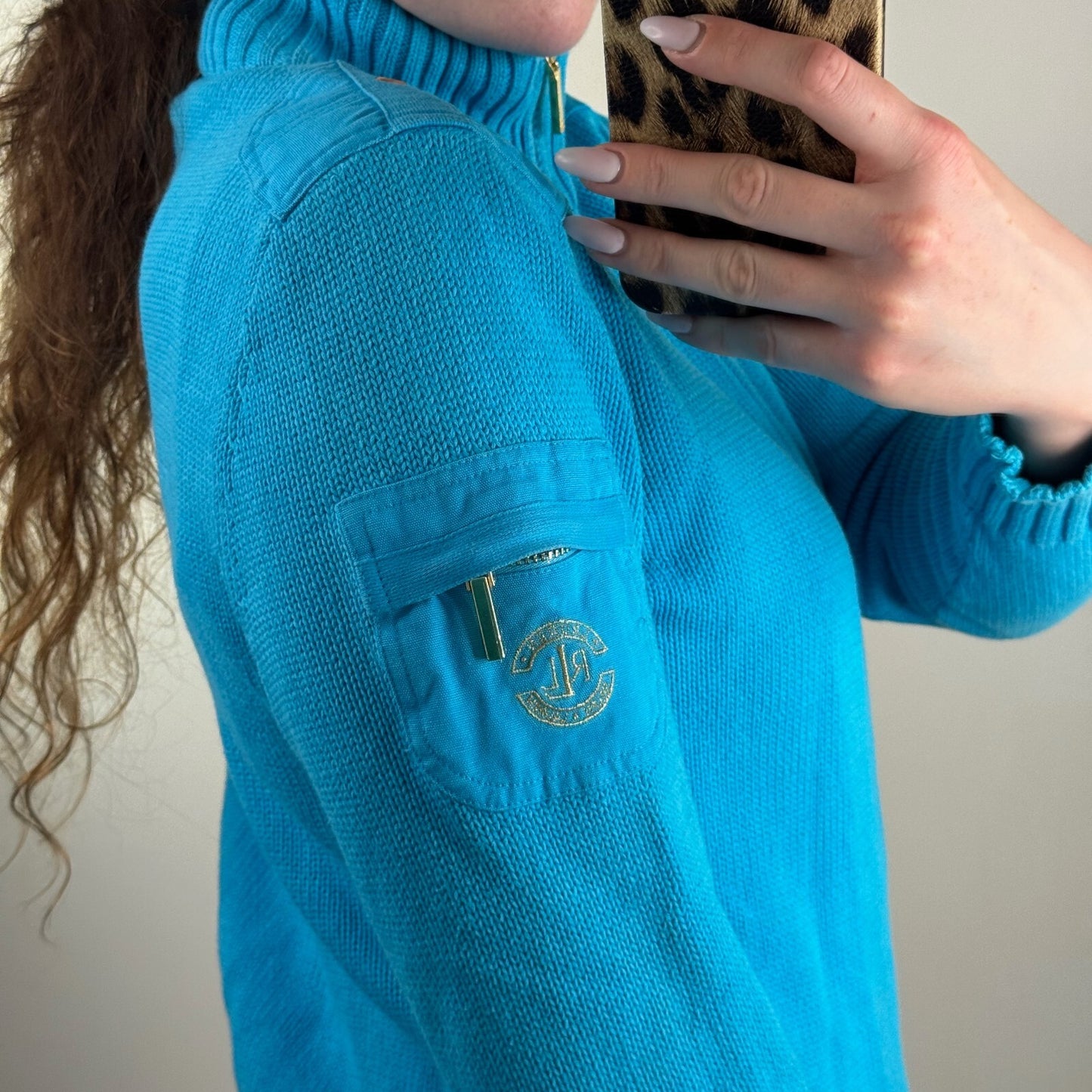 Y2K vintage Lauren Ralph Lauren zip up jumper knit cargo pocket high neck blue