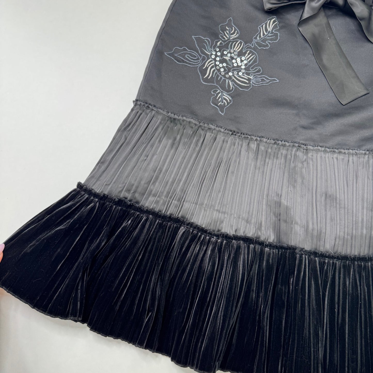 Y2K vintage midi skirt pleated satin bow layered pattern bow floral embroidered