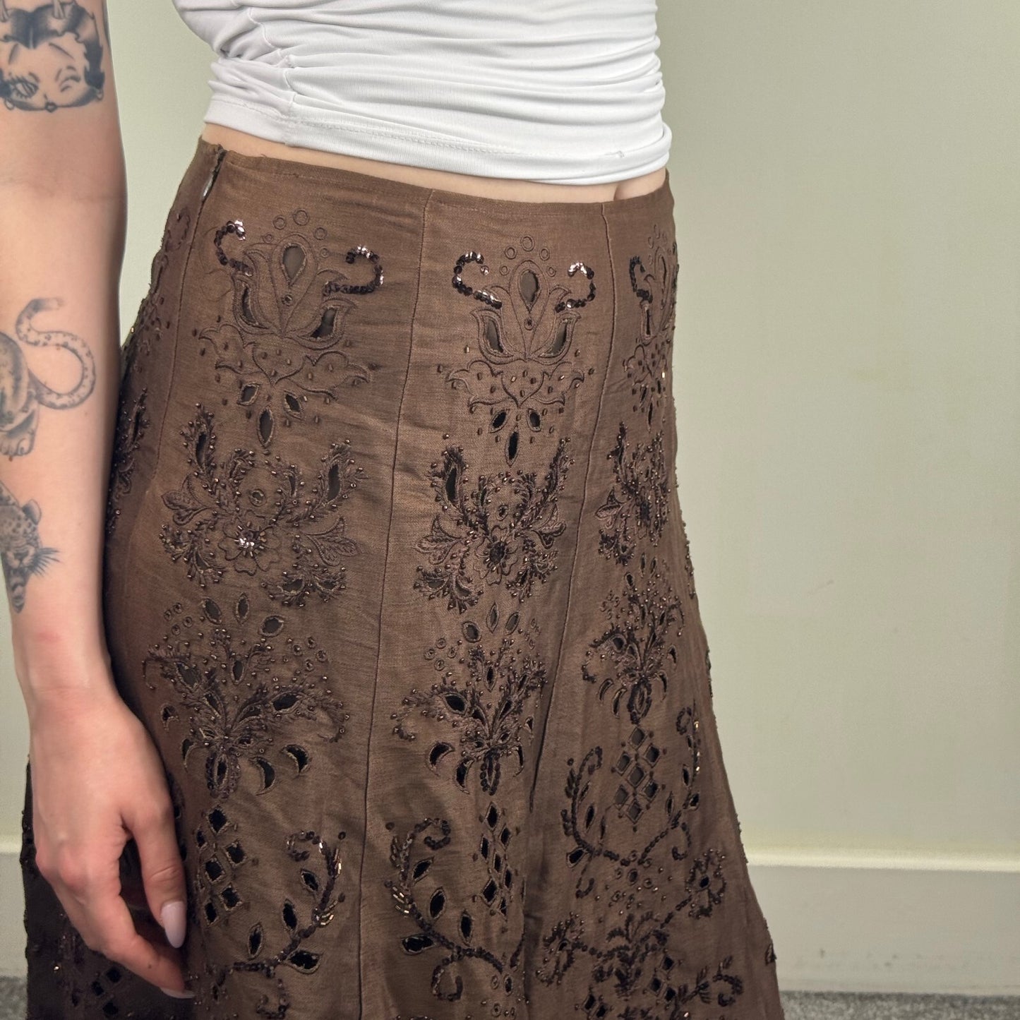 Y2K vintage midi skirt linen silk blend a line beaded floral embroidered sequin