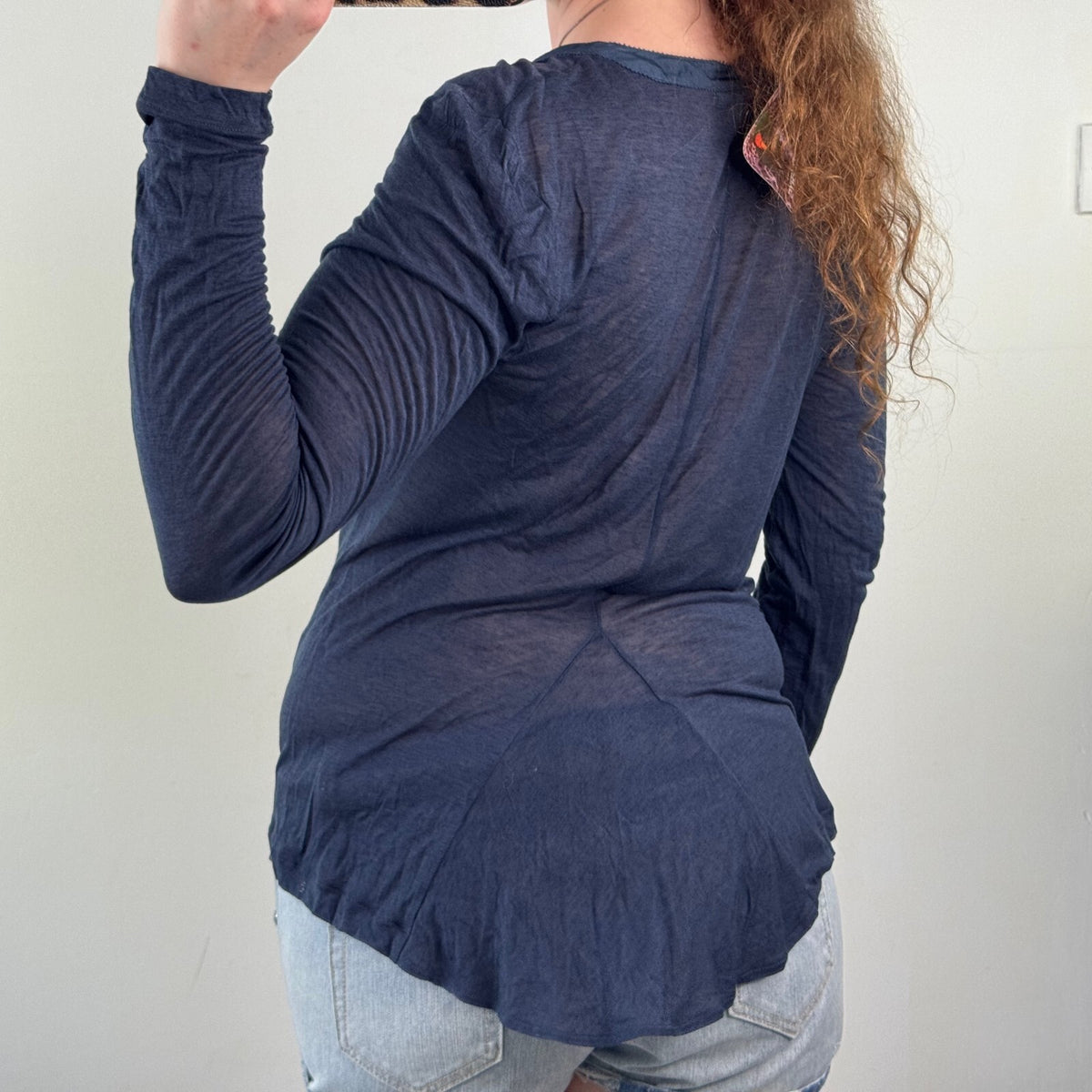 Y2K vintage long sleeve top button up ruched navy sheer lightweight fine knit