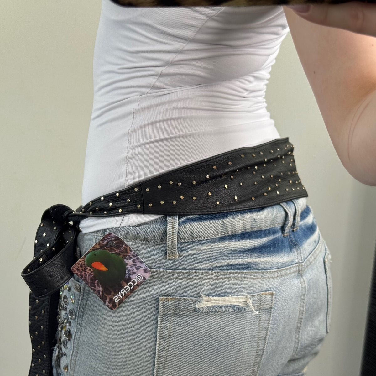 Vintage genuine leather belt studded adjustable chunky oversized tie side