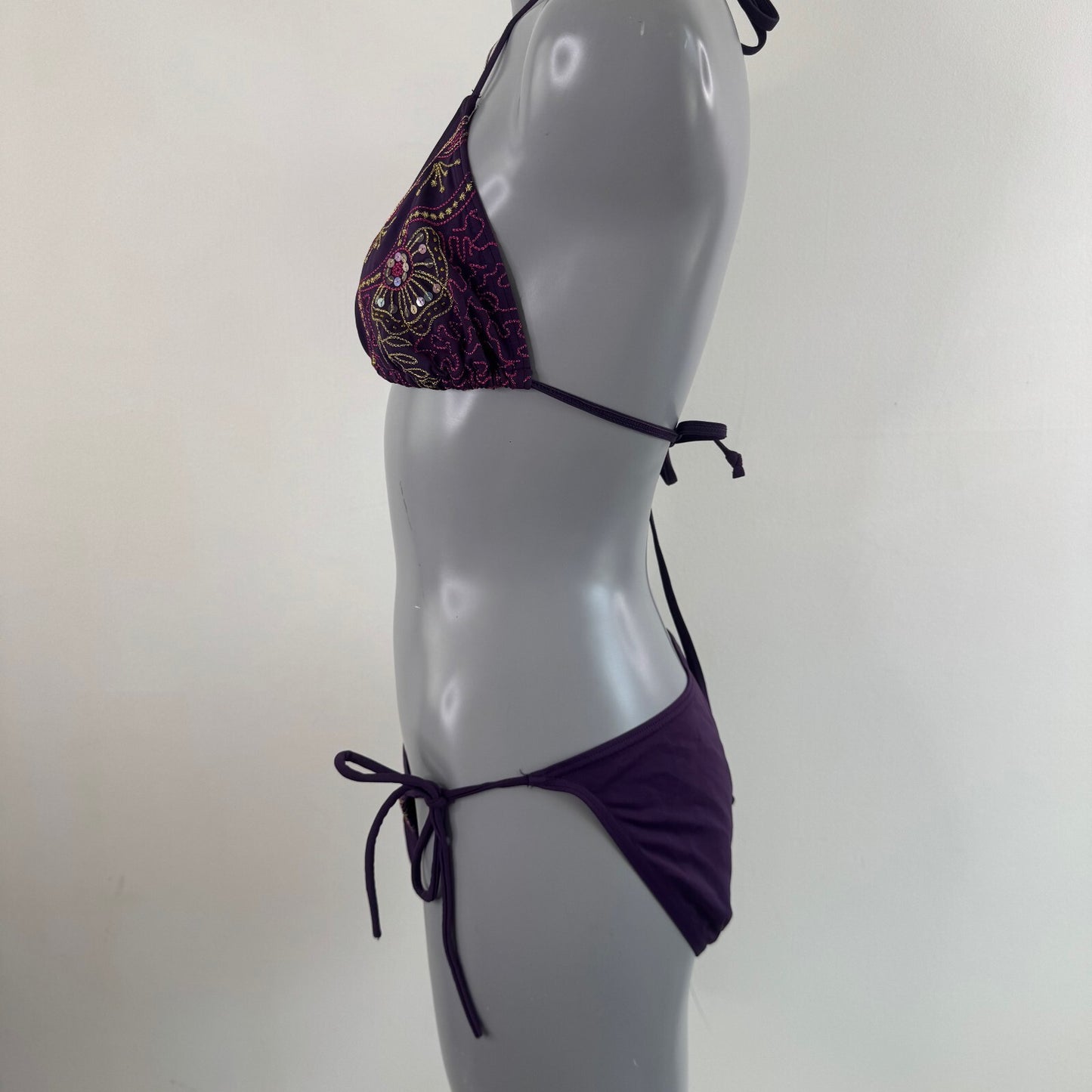 Y2K vintage bikini set matching sequin embroidered tie bow boho halter