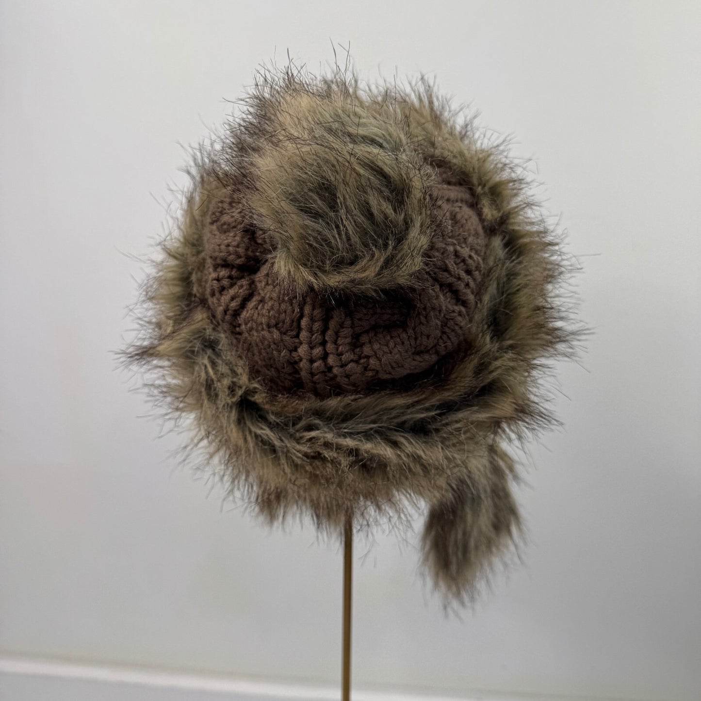 Y2K vintage trapper hat faux fur pom poms cable knit brown unisex