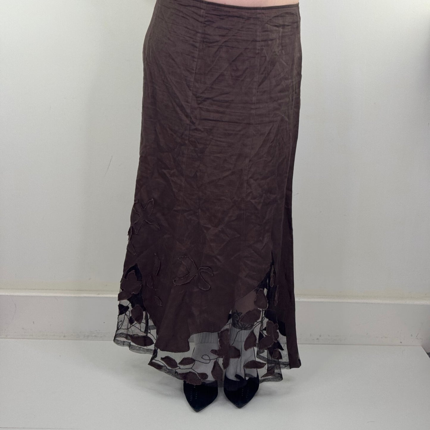 Y2K vintage Per Una maxi skirt 100% linen boho leaf sheer mesh brown a line