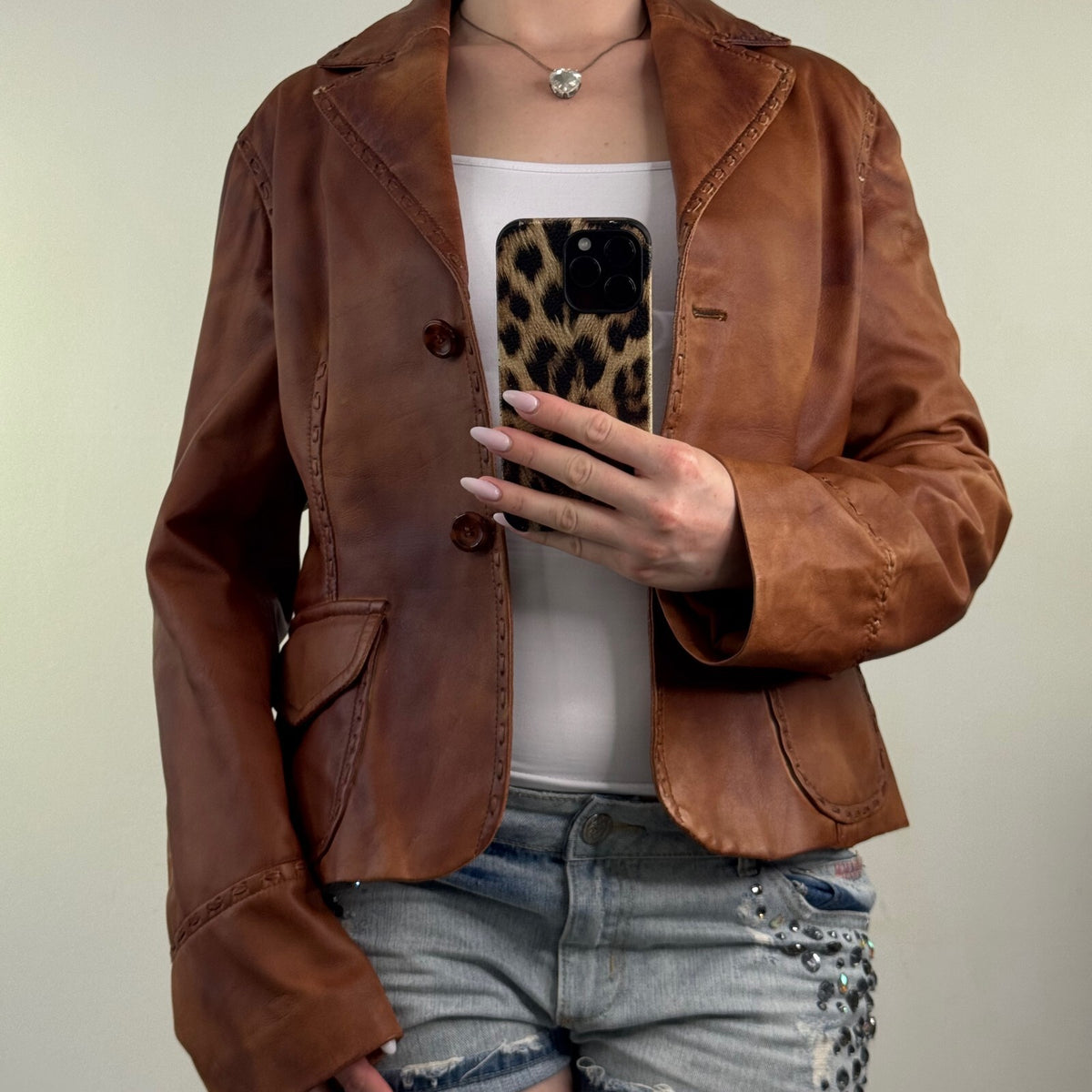 Y2K vintage genuine leather jacket button faded whipstitch burnished tan blazer